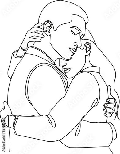 A tender moment: loving couple shares an intimate embrace in simple line art illustration