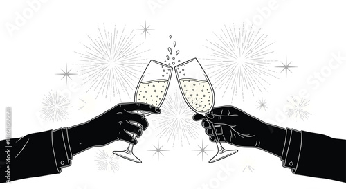 Silhouettes of two hands clinking champagne flutes in a toast with stylized fireworks and stars in the background.