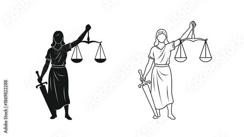 Lady justice depicted in black and white holding scales and a sword