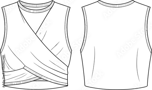 Sleeveless wrap crop top, technical flat sketch, V-neckline, pleated front, fitted waist, fashion illustration, garment design, apparel template