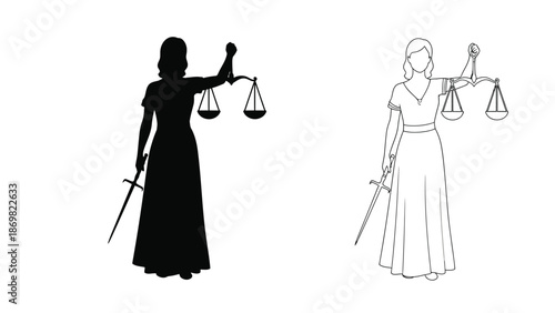 Lady justice with scales and sword depicted in solid black and white outlines