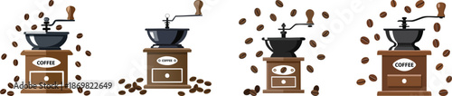 Coffee beans falling into manual grinder traditional brewing aroma illustration design graphic icon concept vintage