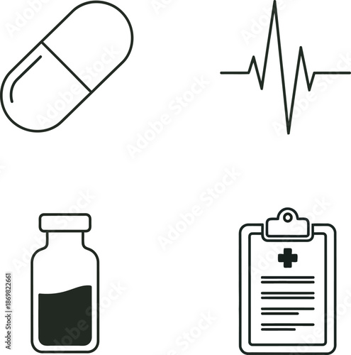 Minimalist medical line icon set featuring a pharmaceutical capsule pill, a heart rate EKG pulse wave, a liquid medicine vial bottle, and a patient medical clipboard with cross. Perfect for health app