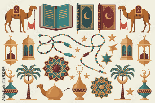 Decorative of camels, books, lanterns, and Middle Eastern motifs