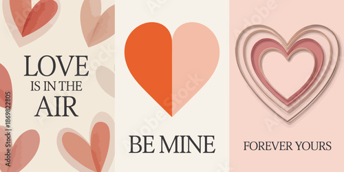 Three Valentine Cards with Hearts and Romantic Messages