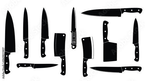 A collection of various kitchen knives in black silhouette against a white background