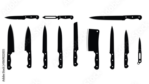 A collection of various kitchen knives in a simple black silhouette style