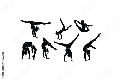 Silhouette of various gymnasts performing acrobatic poses and stunts in different directions