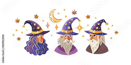 Cartoon wizard and witch heads, long hats, magical aura, stars and moon patterns, textured 2D style, flat illustration, white background