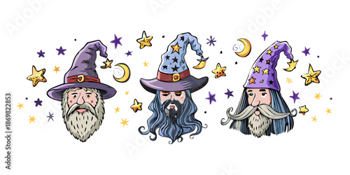 Cartoon wizard and witch heads, long hats, magical aura, stars and moon patterns, textured 2D style, flat illustration, white background