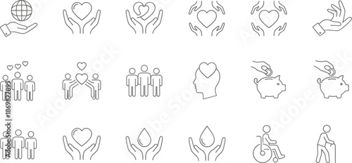 Social care and charity icon set, black and white line icons, community support, inclusivity, vector illustration pack