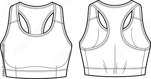 Sports bra front back, technical flat sketch, racerback design, scoop neckline, keyhole back, contour seams, athletic wear, apparel template
