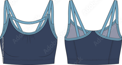 Sports bra front back, technical flat sketch, scoop neckline, racerback straps, gathered bust,