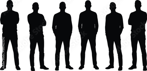 Standing human silhouette vector, casual pose illustration, black figure design, body gesture graphic art, cad drawing flat vector illustration