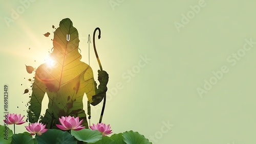 Wallpaper Mural A silhouette of a person standing amidst lotus flowers holding a bow and arrow with sunlight shining from behind Torontodigital.ca