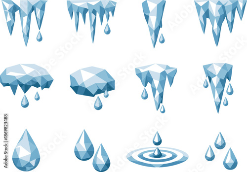 Icicle Icon Set. Winter icicles and dripping water represented through a professional low-poly vector icon set using crisp