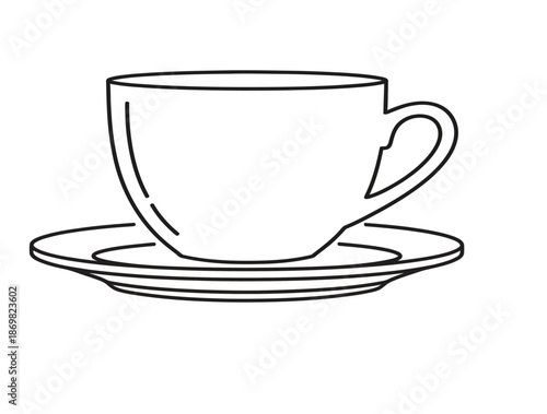 A minimalist black and white line drawing illustration of a ceramic cup and saucer Vector