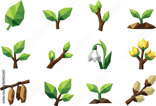 Spring Low-Poly Icons. Early spring leaves and budding plants illustrated as a cohesive low-poly vector icon set built from