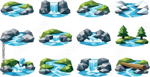 Low-Poly Spring Water Icons. Early spring watercourses and flowing brooks visualized as a low-poly vector icon set with sharp