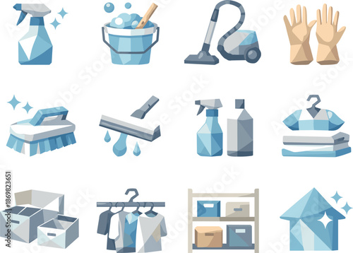 Clean Geometric Icons. Low-poly vector icon set for deep cleaning and thorough household organization, featuring angular polygonal