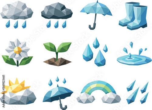 Spring Rain Icon Set. Springtime rain and soft drizzle represented through a professional low-poly vector icon set using crisp
