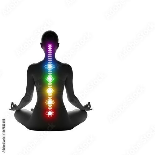 Human silhouette meditating with illuminated chakra spine transparent background