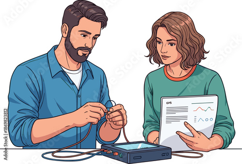 Technical engineers working with GPS data, oscilloscope, wires, electronics, diagnostics, teamwork, analysis, research, experiment, lab setup, precision instruments, 