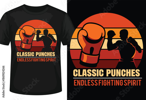 Vintage boxing silhouette with retro sunset and text classic punches endless fighting spirit fighter