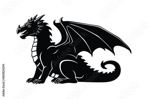 Silhouette of a mythical dragon with wings and tail in a striking pose