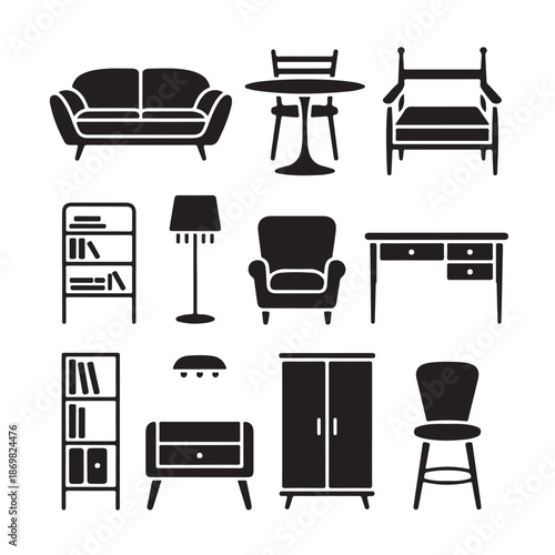 Collection of Vector Illustrations Depicting Various Household Furniture Items in Silhouette Style Isolated on Transparent Background Vector Clipart Graphic Design
