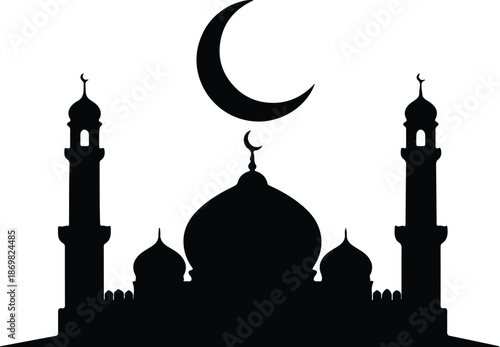 Illustration beautiful mosque with minarets and crescent moon religious Islamic architecture silhouette vector