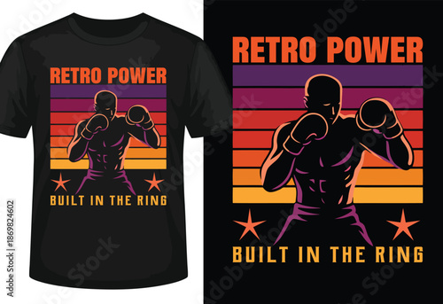 Retro boxer silhouette with sunset stripes and stars text built in the ring boxing power