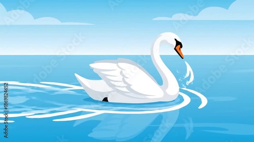 Graceful Swan Seamless Animation Beautifully Gliding Across Serene Blue Water Surface Background