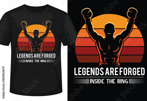 Silhouette boxer with arms raised in victory against a retro sunset background boxing fighter