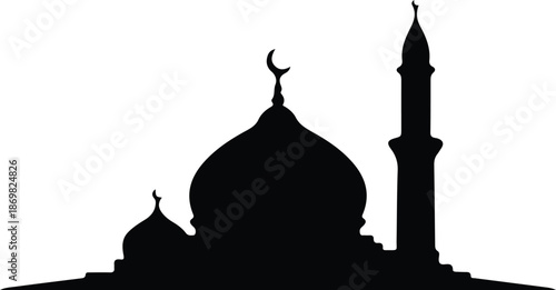 Illustration Mosque building silhouette with minaret dome and crescent moon religious symbol vector