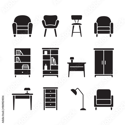 Furniture icon set featuring sofa, chair, bookcase, wardrobe, desk, bedside table, and floor lamp in solid style perfect for interior design and home decor