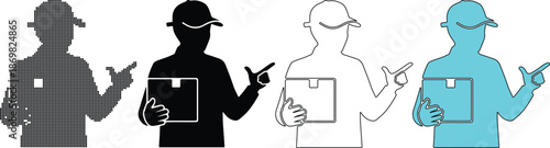 Construction Workers Silhouettes with Tablets and Pointing Gestures in Modern Minimalist Style with High Contrast Lighting on White Background for Business Presentation