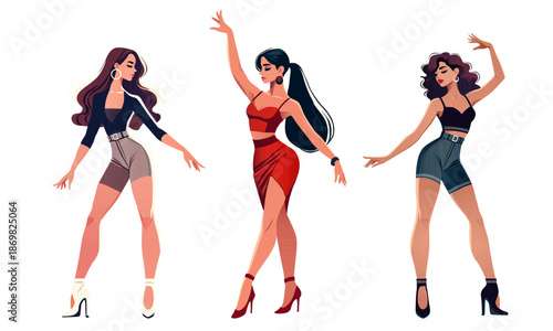 Stylish Vector Female Dancers in Elegant Poses Wearing Modern Outfits, Fashion Illustration of Confident Women Dancing in Heels on White Background