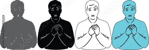 Man with hands clasped together in shock or surprise in various monochromatic and colored illustrations for emotional expression