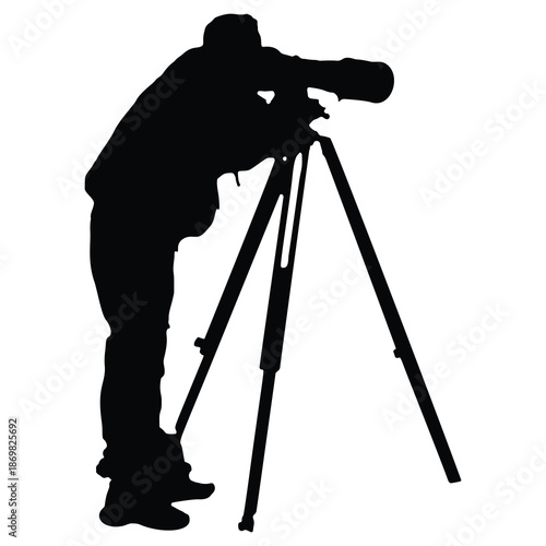 Silhouette of Observer with Tripod Camera or Telescope