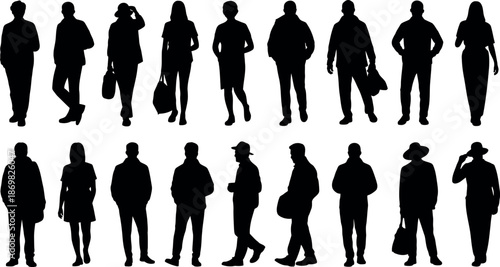 Collection of Diverse Silhouetted People in Various Poses Isolated on a White Background Displaying Casual Fashion and Accessories