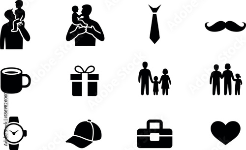 Collection of fatherhood and family related icons featuring dad with child tie mustache gift and family silhouettes