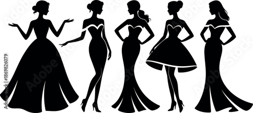 Collection of five elegant female silhouettes in formal evening gowns showcasing diverse styles and poses for fashion and design projects
