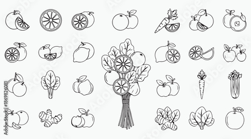 uicing Ingredients and Healthy Detox Smoothie Line Art Set