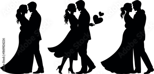 Elegant silhouette couples in formal attire embracing romantically with hearts adding a touch of love and affection in various poses