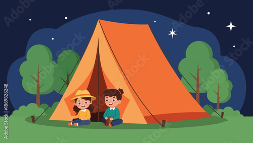 Children camping at night under starry sky.