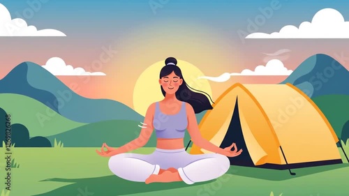 Wallpaper Mural Girl Meditating At Camping Site In The Mountains With Sunrise And Tent Cartoon Style Torontodigital.ca