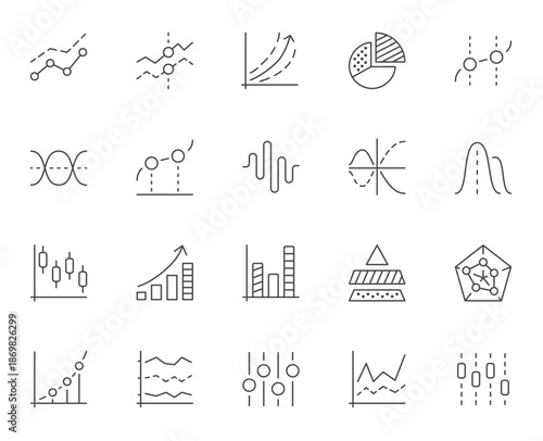 Collection of Line Icons Depicting Data Charts and Graphs.