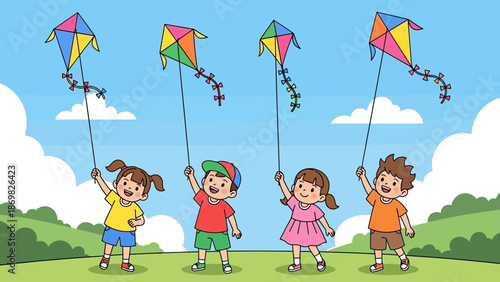 Children Flying Kites on a Sunny Day.