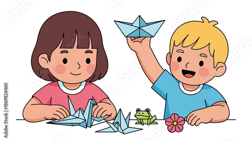 Children making origami crafts.